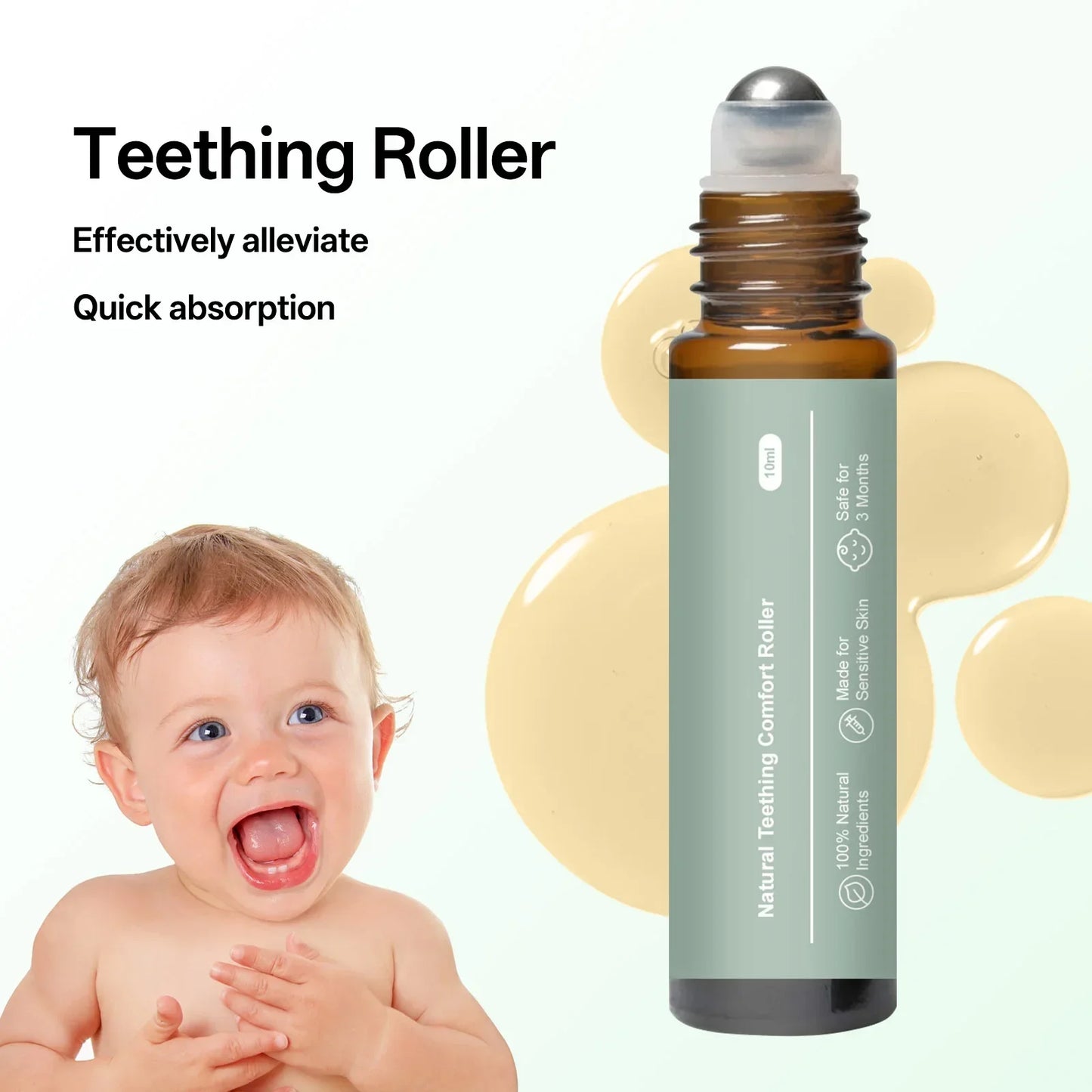 Baby Teething Relief Roller 10Ml - 100% Organic Tea Tree Oil & Vitamin E. Gentle Massage for Sensitive Gums, Suitable from 3M+.